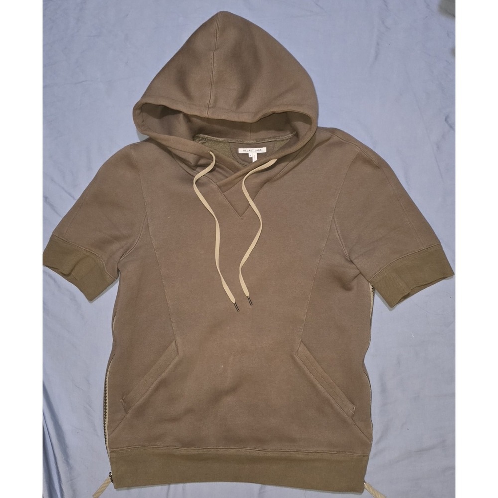 Helmut Lang Side Zip Short Sleeve Hoodie Sweatshirt Mens M Olive Green Designer